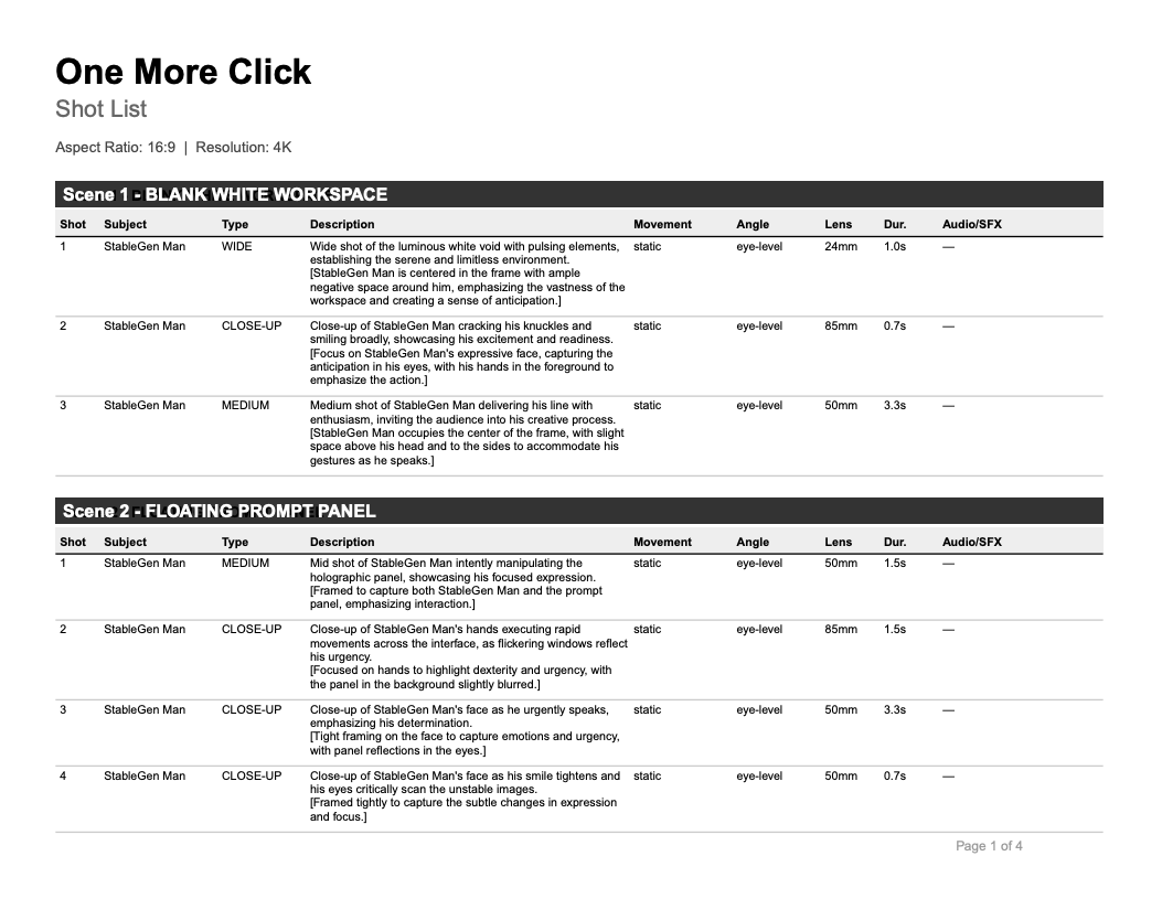 Shot list PDF export
