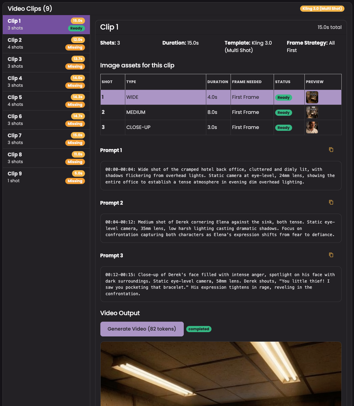 Video clips interface
